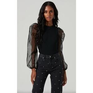 Astr The Label Audrina Chiffon Sleeve Sweater Womens XS Black New Ribbed Revolve